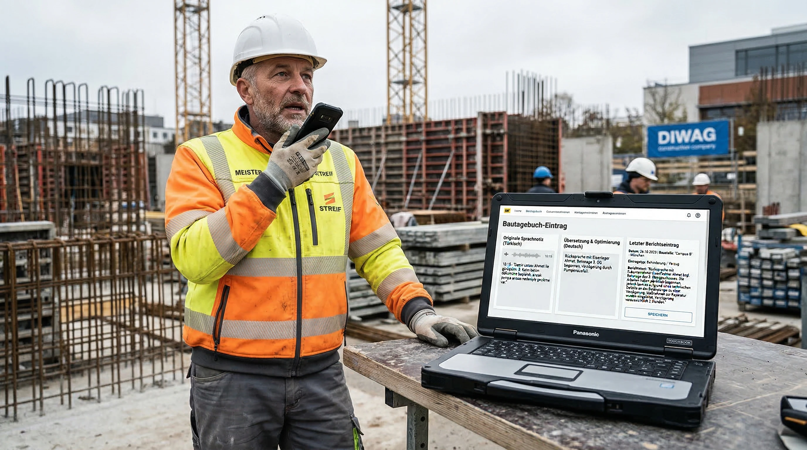 Mehrsprachige Sprachnotiz wird für den Bericht in verständliches Deutsch überführt.