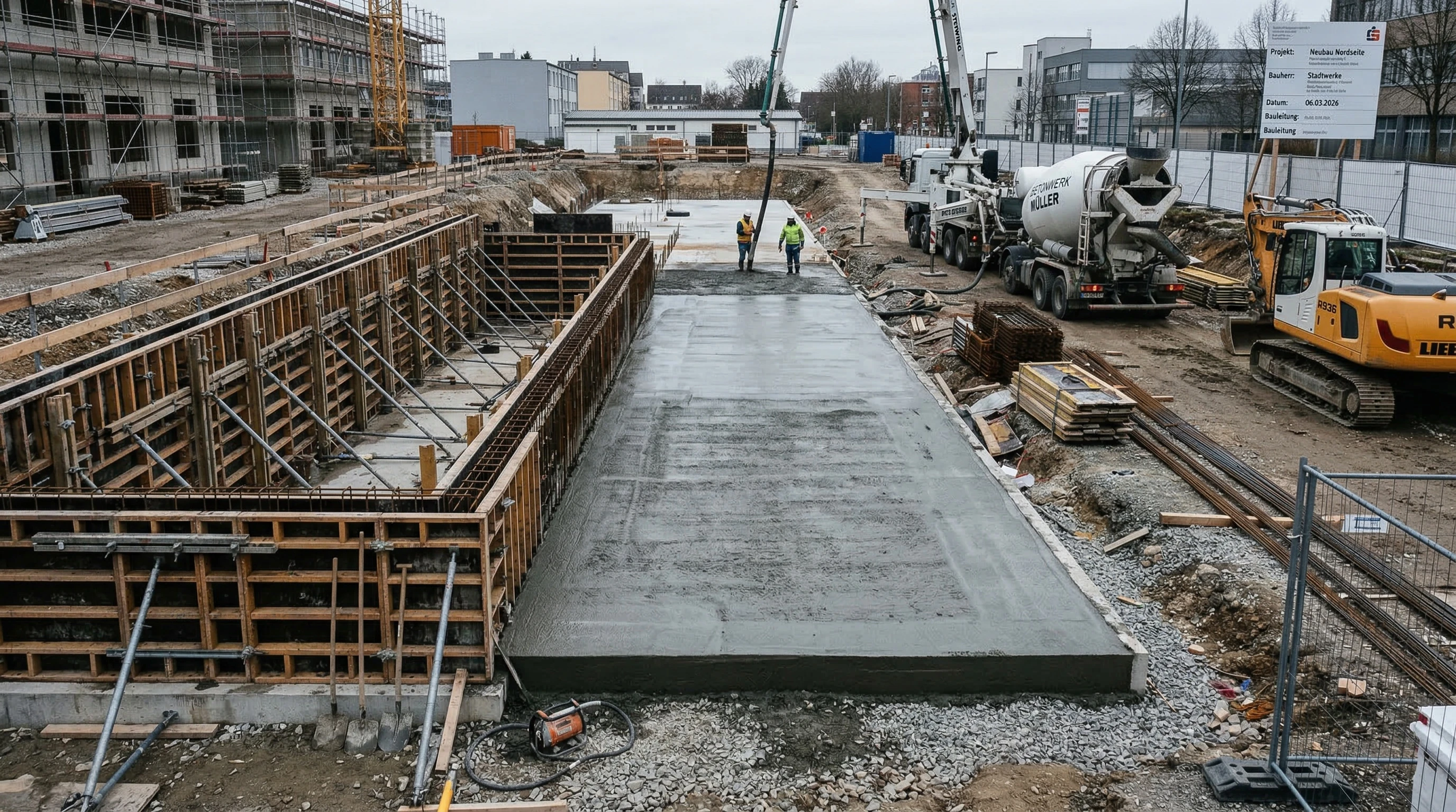 Fundament Nordseite betoniert, Schalung vorbereitet und Lieferkontext für den Tagesbericht dokumentiert.