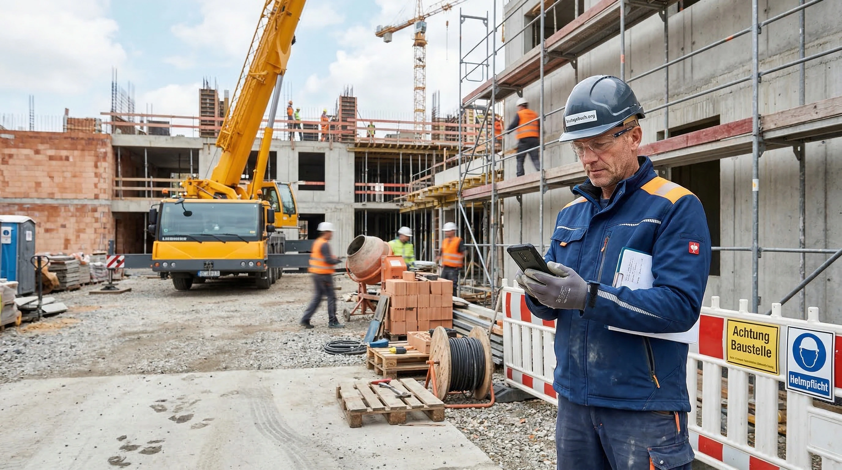 Vorarbeiter dokumentiert direkt auf der Baustelle per Smartphone.