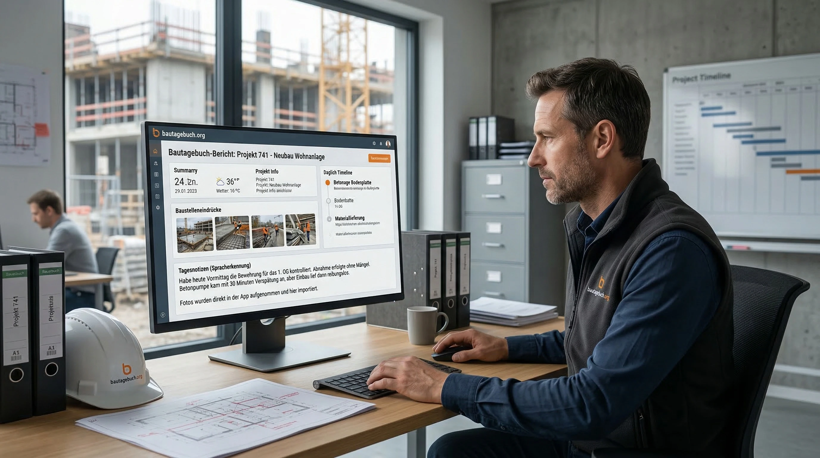 Im Büro wird aus Baustelleninput ein sauberer Bericht und PDF-Nachweis.
