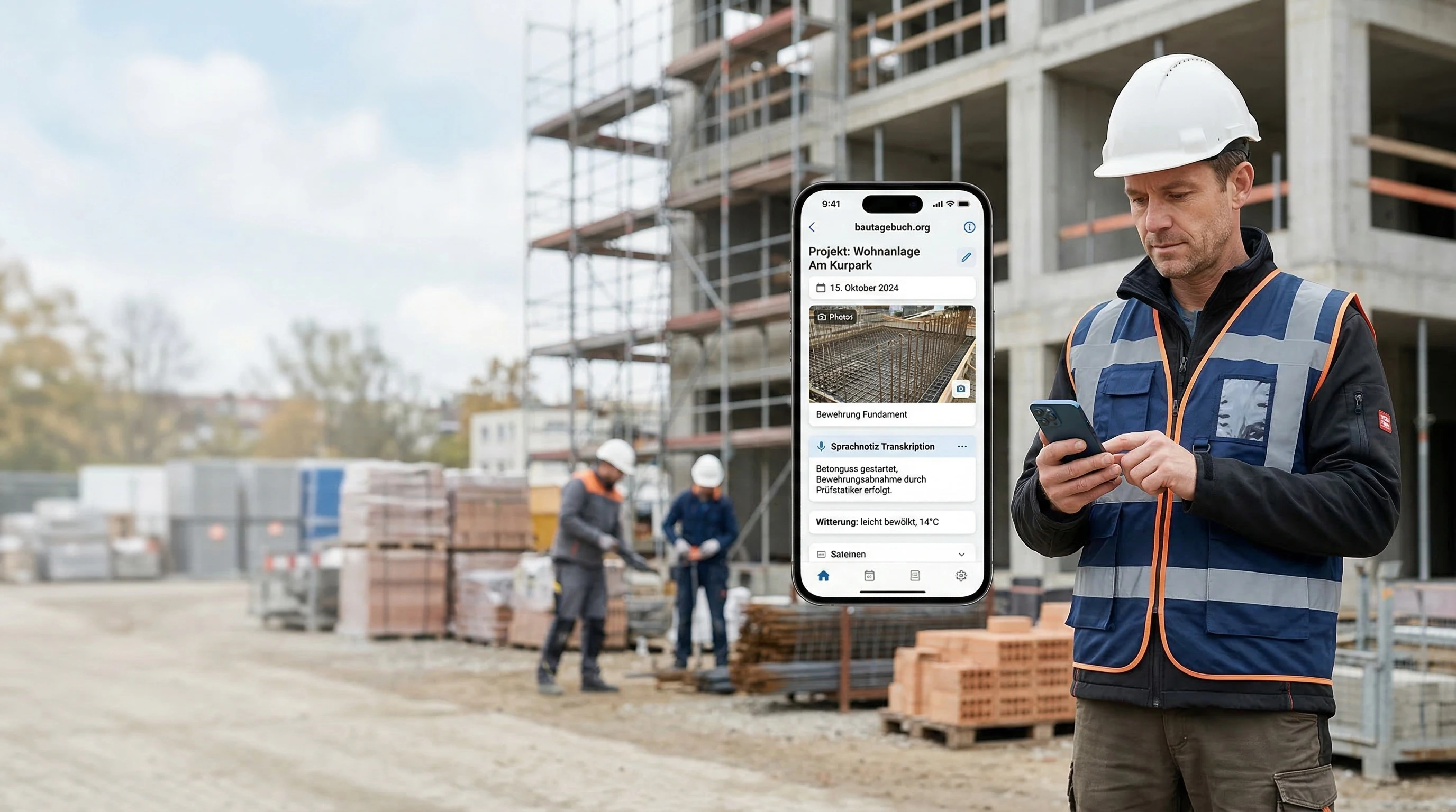 Digitale Baudokumentation direkt auf der Baustelle mit Smartphone und sichtbarem Tagesbericht.