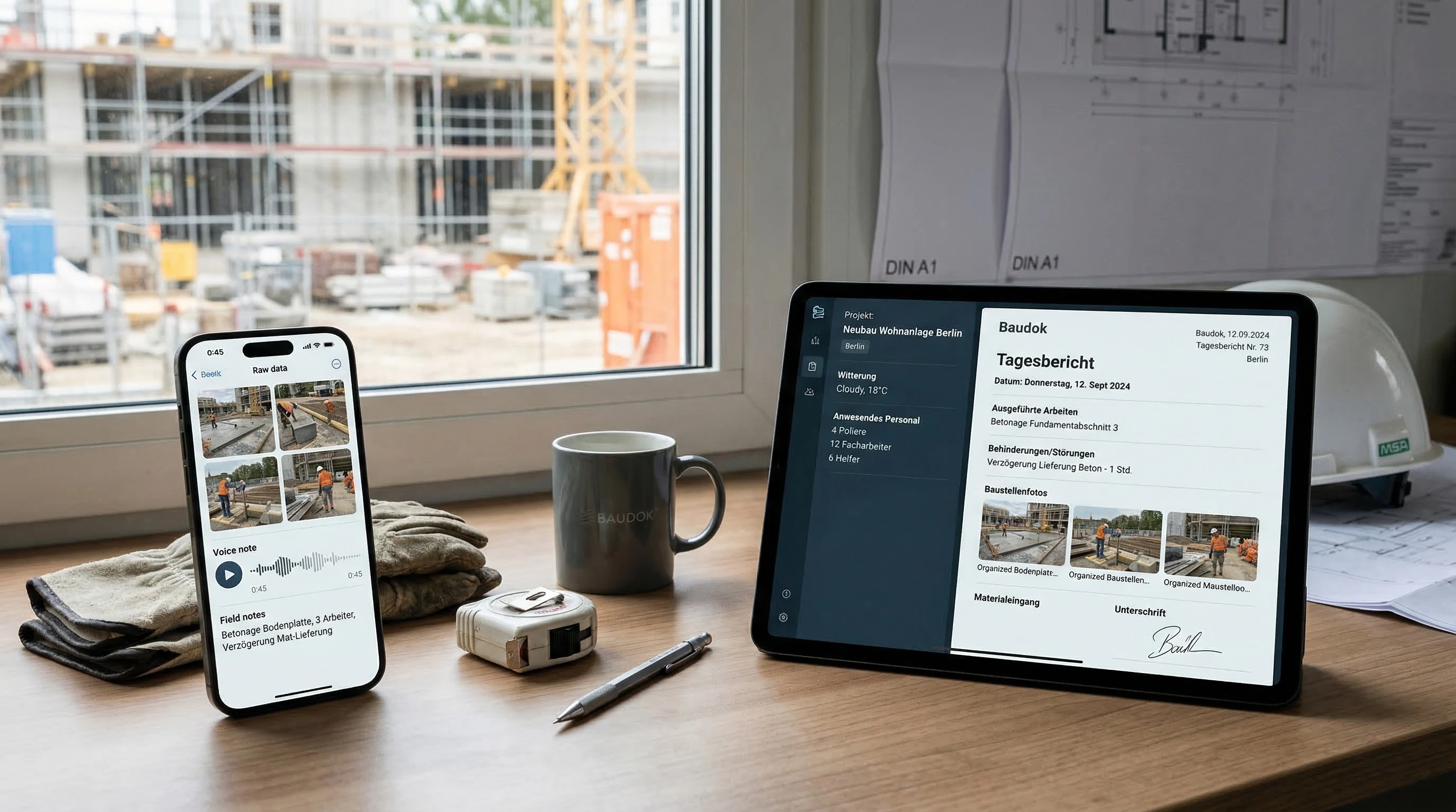 Baustelleninput aus Fotos und Sprachnotizen wird zu einem strukturierten Tagesbericht.
