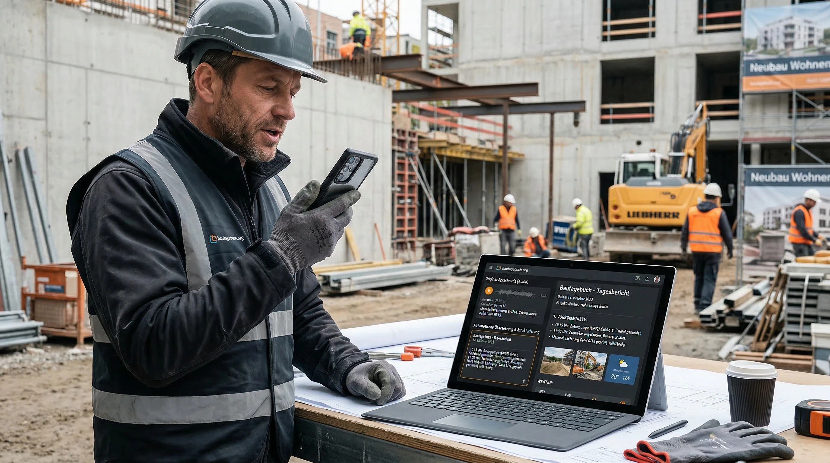 Fotos und Sprachnotizen werden zu einem verständlichen Tagesbericht aufbereitet.