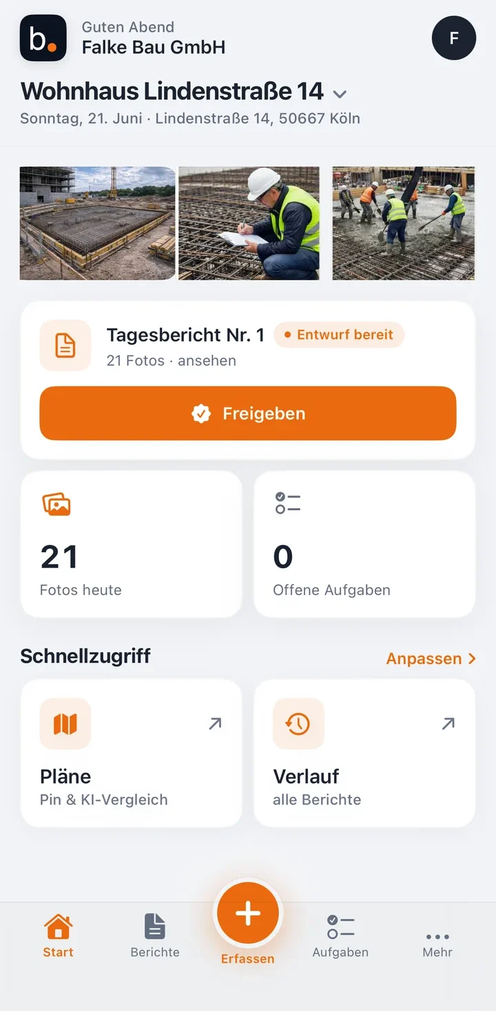 App-Screen: Projekt-Startbildschirm